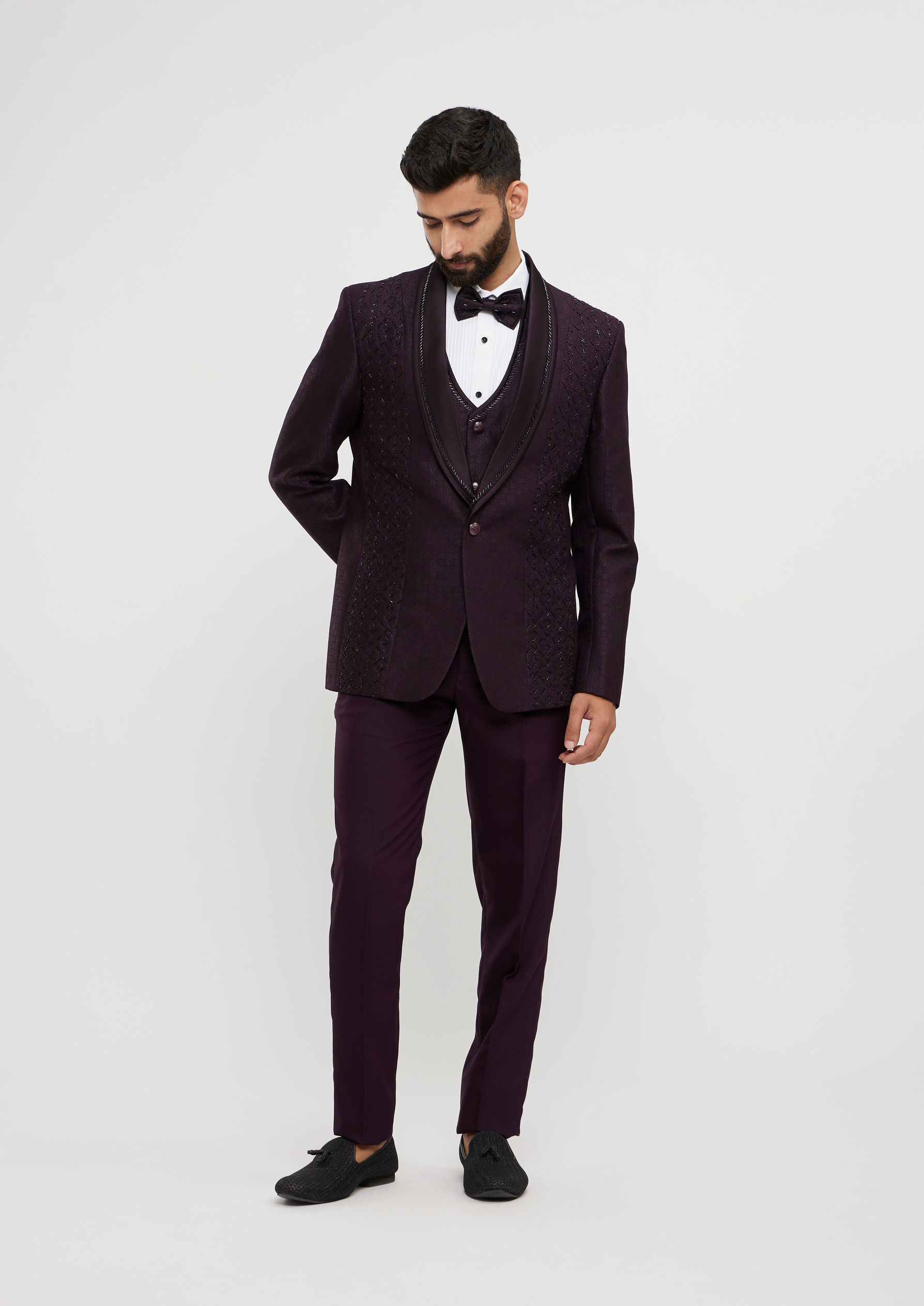 Twamev Men Royal Purple Jaal Patterned Suit Set with Sequin Work