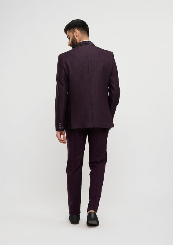 Twamev Men Royal Purple Jaal Patterned Suit Set with Sequin Work