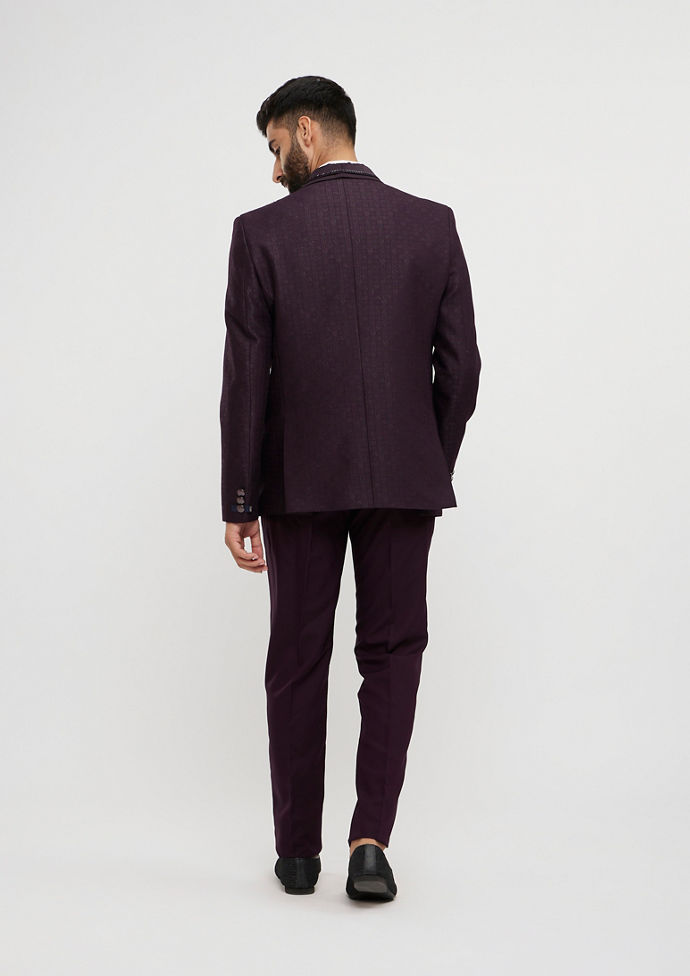 Twamev Men Royal Purple Jaal Patterned Suit Set with Sequin Work