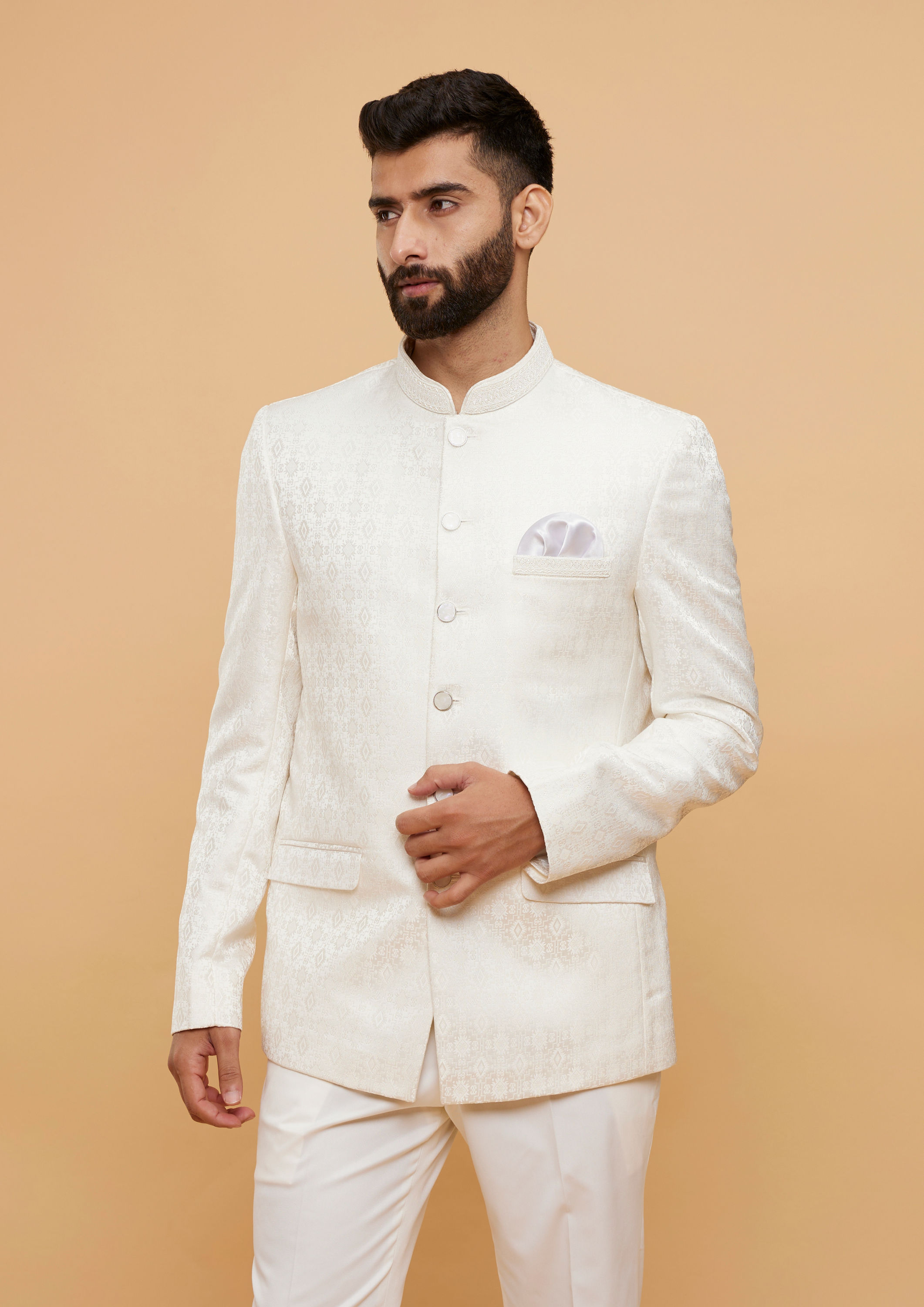 Twamev Men Exquisite Warm White Brocade Ensemble
