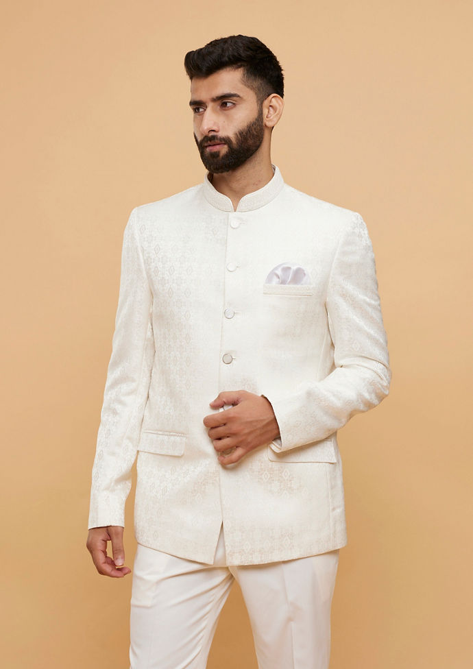 Twamev Men Exquisite Warm White Brocade Ensemble