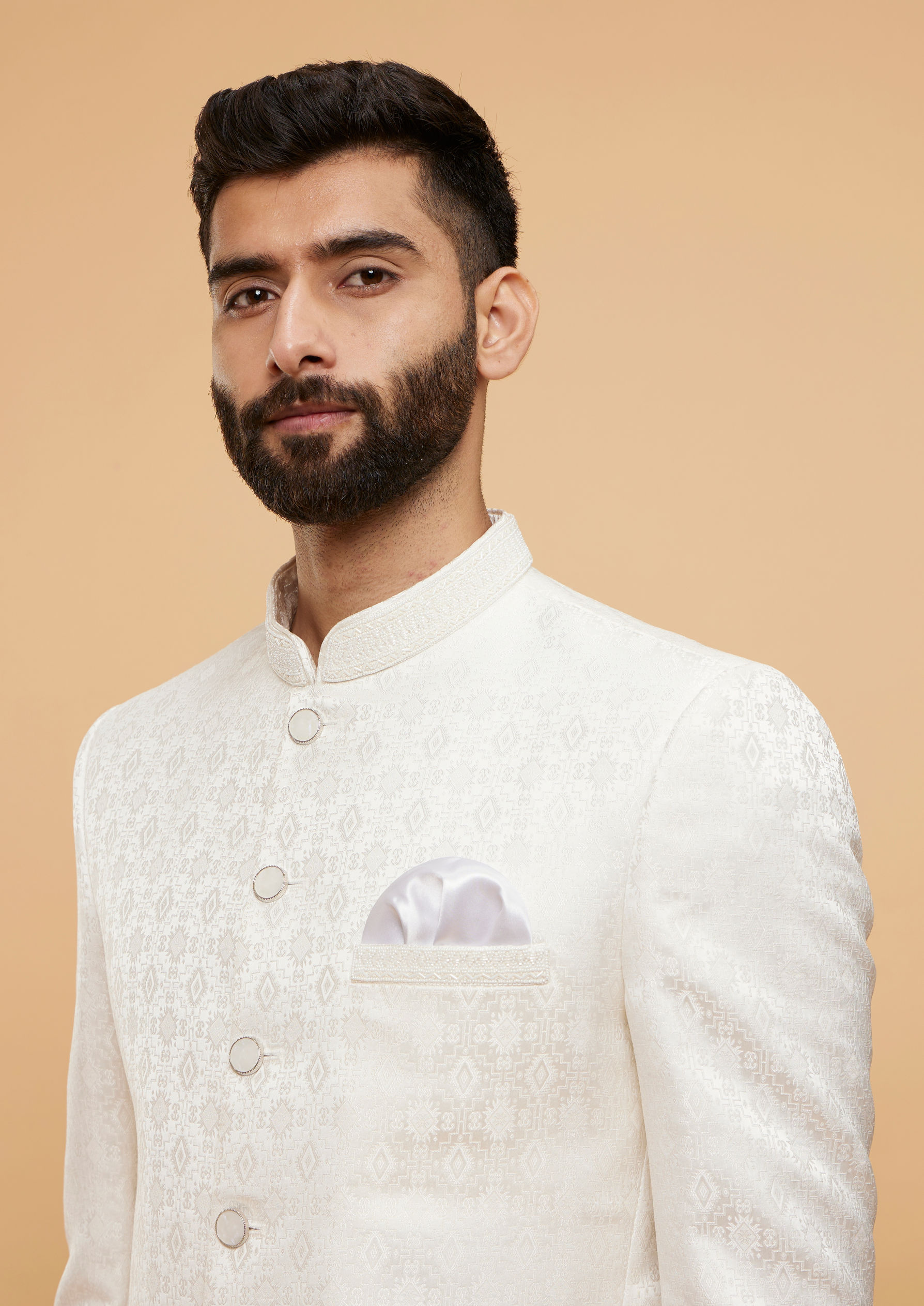 Twamev Men Exquisite Warm White Brocade Ensemble
