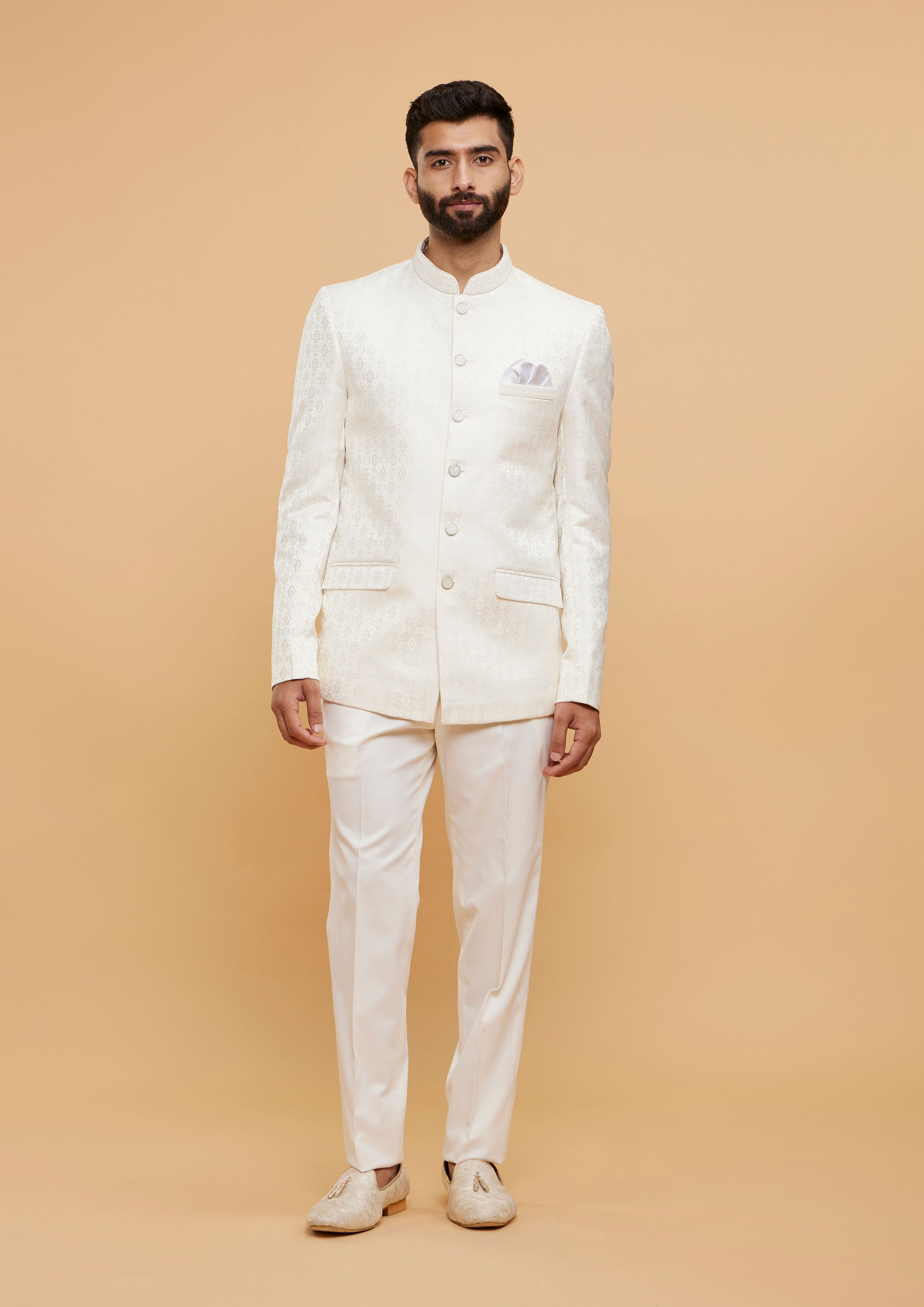 Twamev Men Exquisite Warm White Brocade Ensemble