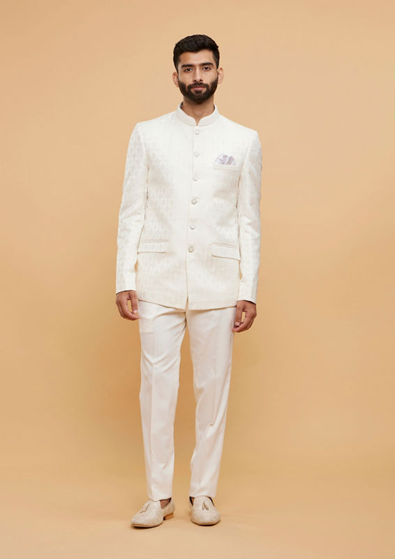 Twamev Men Exquisite Warm White Brocade Ensemble
