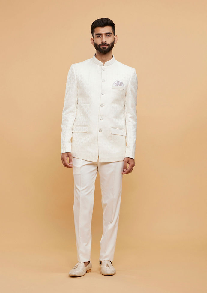 Twamev Men Exquisite Warm White Brocade Ensemble