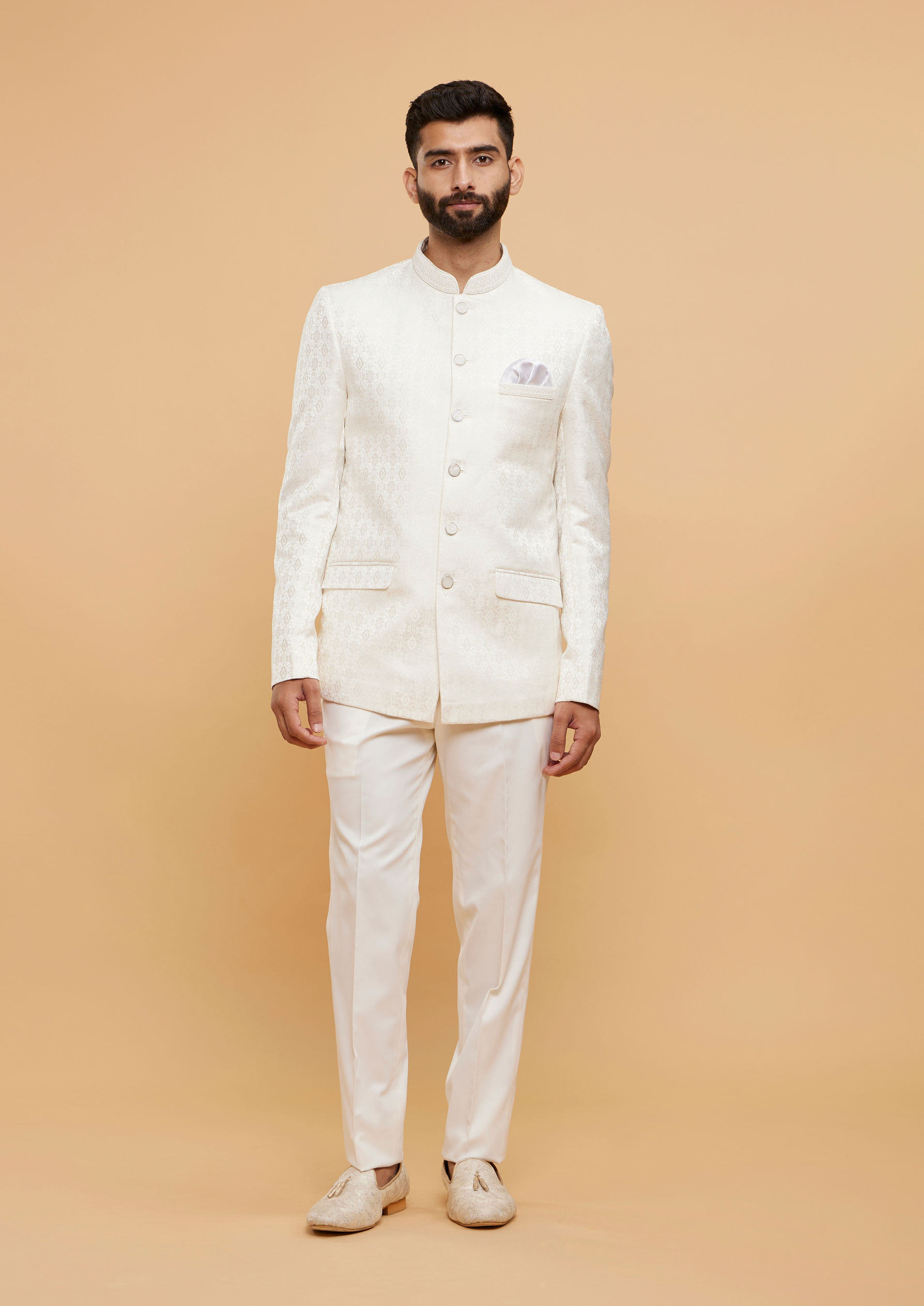 Twamev Men Exquisite Warm White Brocade Ensemble
