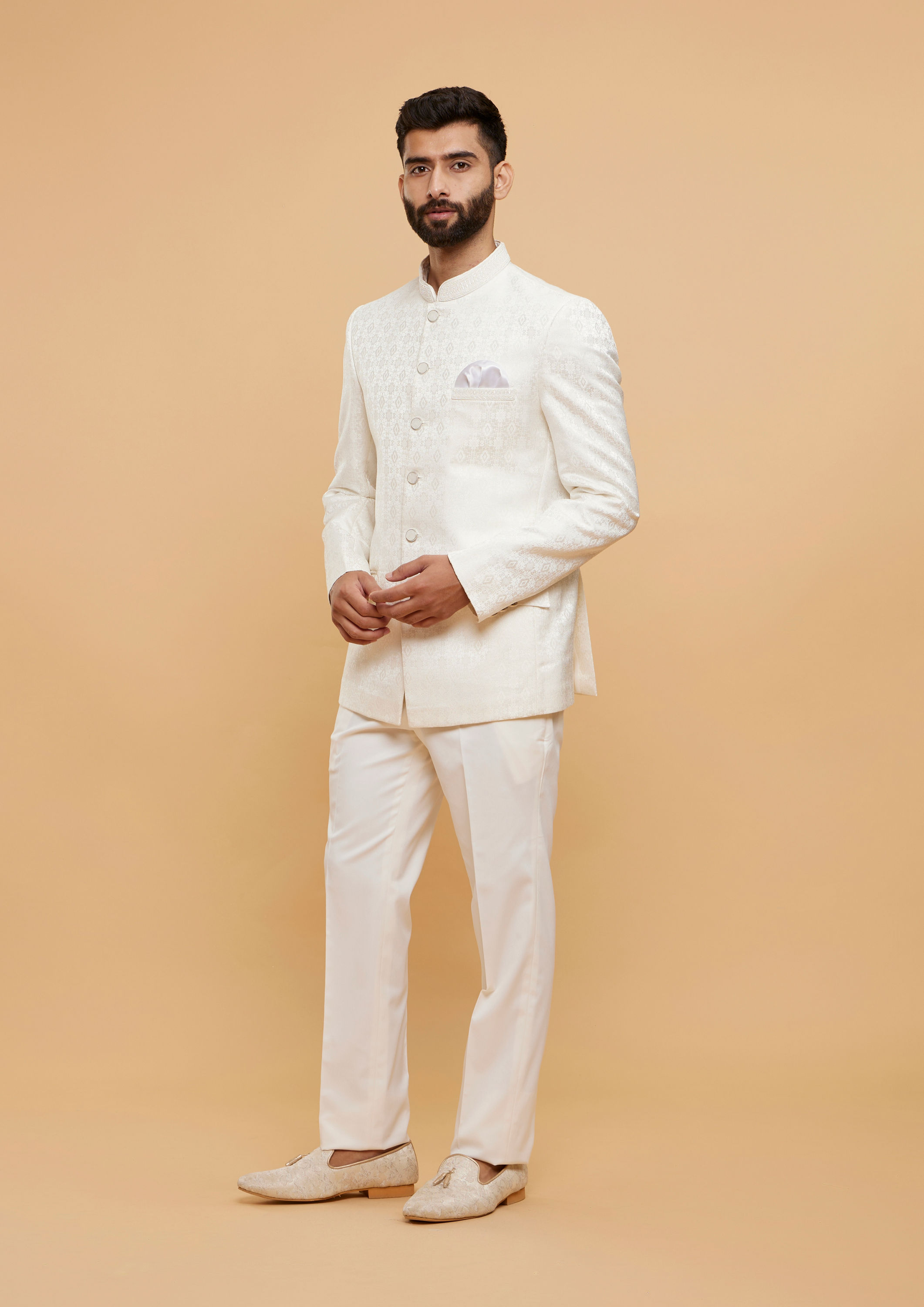 Twamev Men Exquisite Warm White Brocade Ensemble