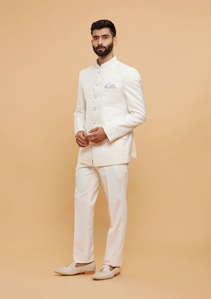 Twamev Men Exquisite Warm White Brocade Ensemble