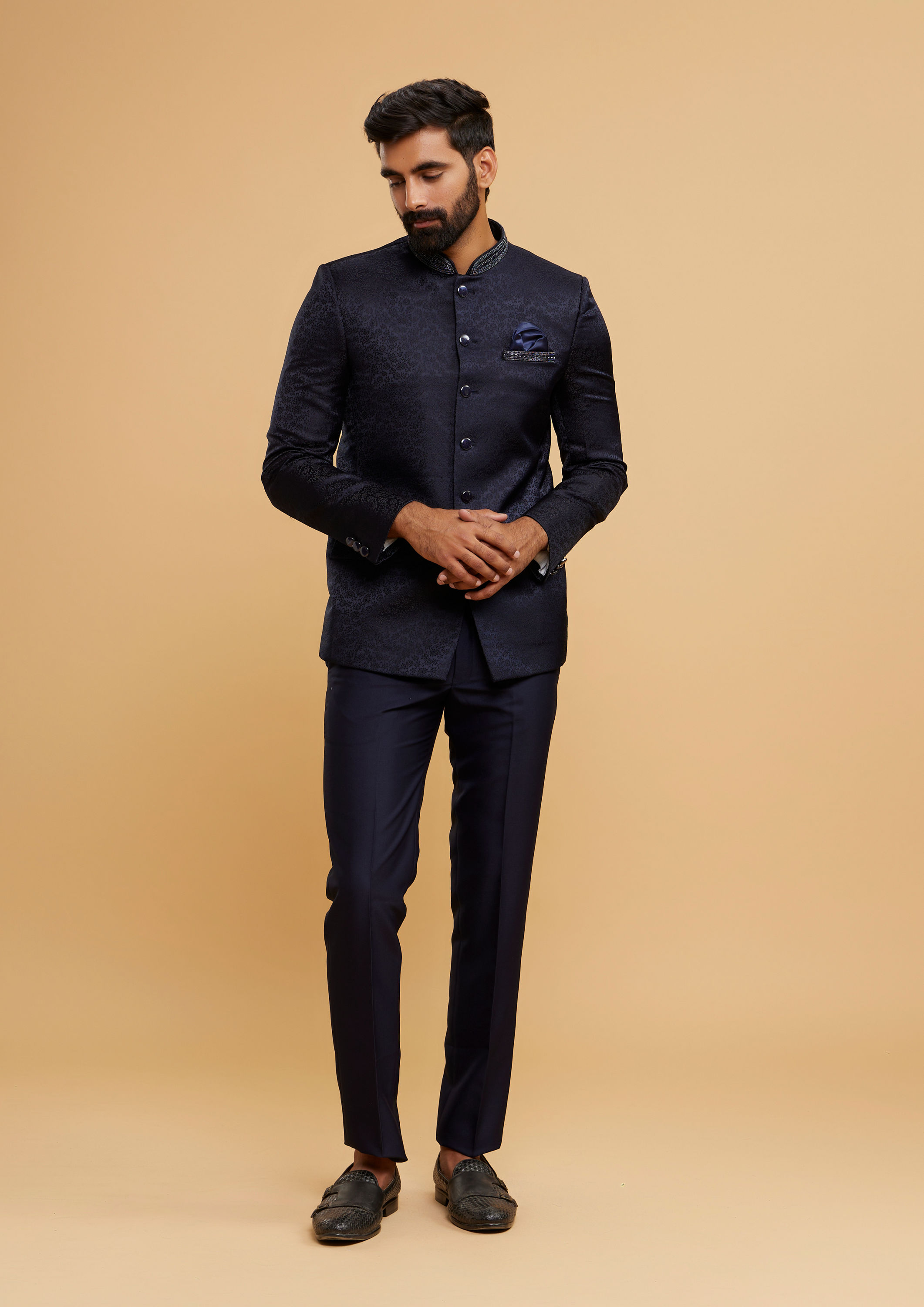 Twamev Men Twinkling Dark Blue Jodhpuri Set