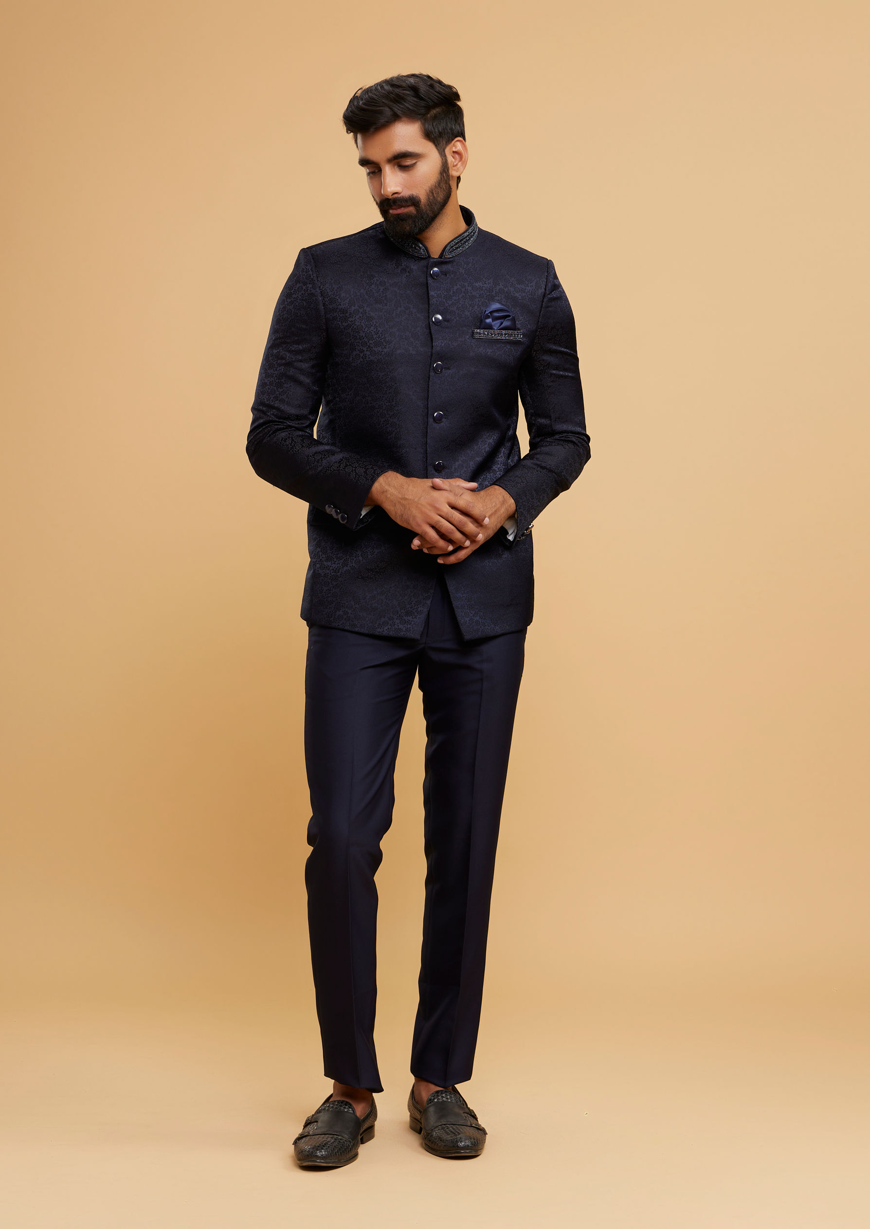 Twamev Men Twinkling Dark Blue Jodhpuri Set