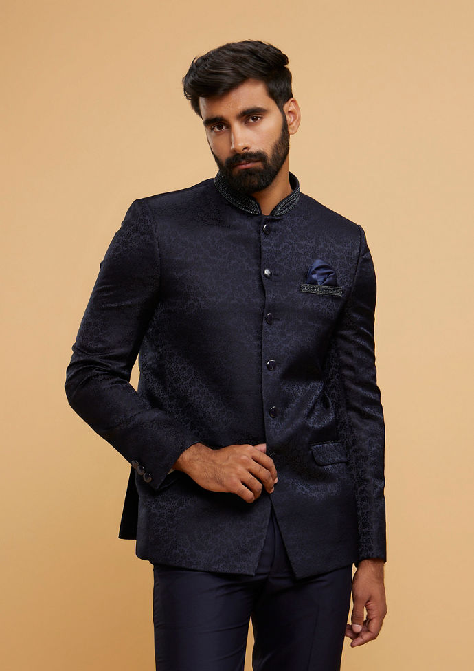 Twamev Men Twinkling Dark Blue Jodhpuri Set