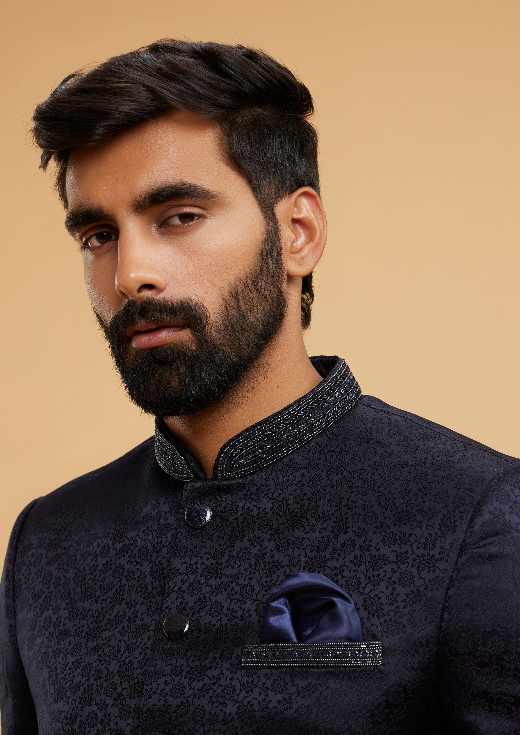 Twamev Men Twinkling Dark Blue Jodhpuri Set