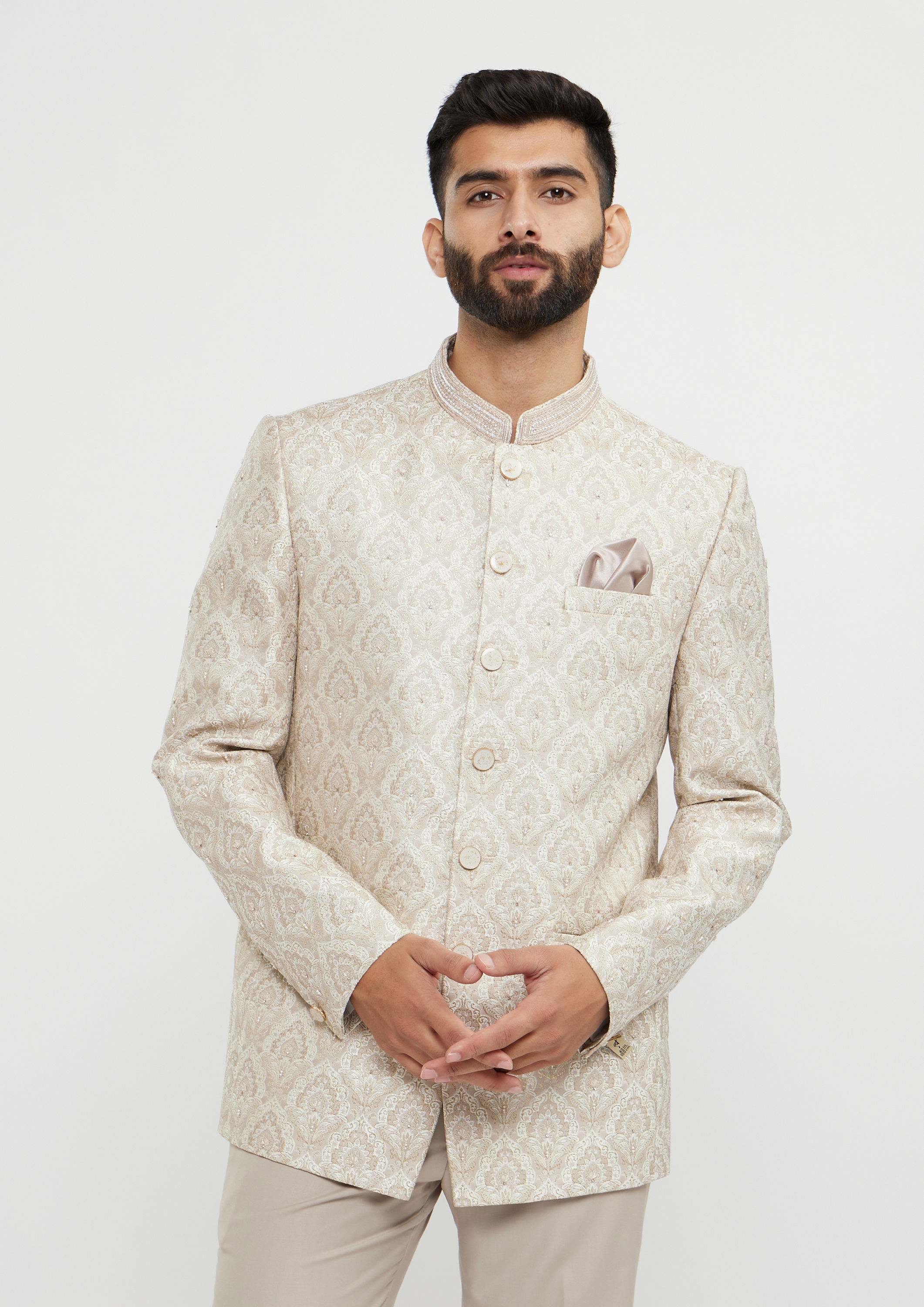 alt message - Twamev Men Beige Brocade Celebration Ensemble Blazer image number 0