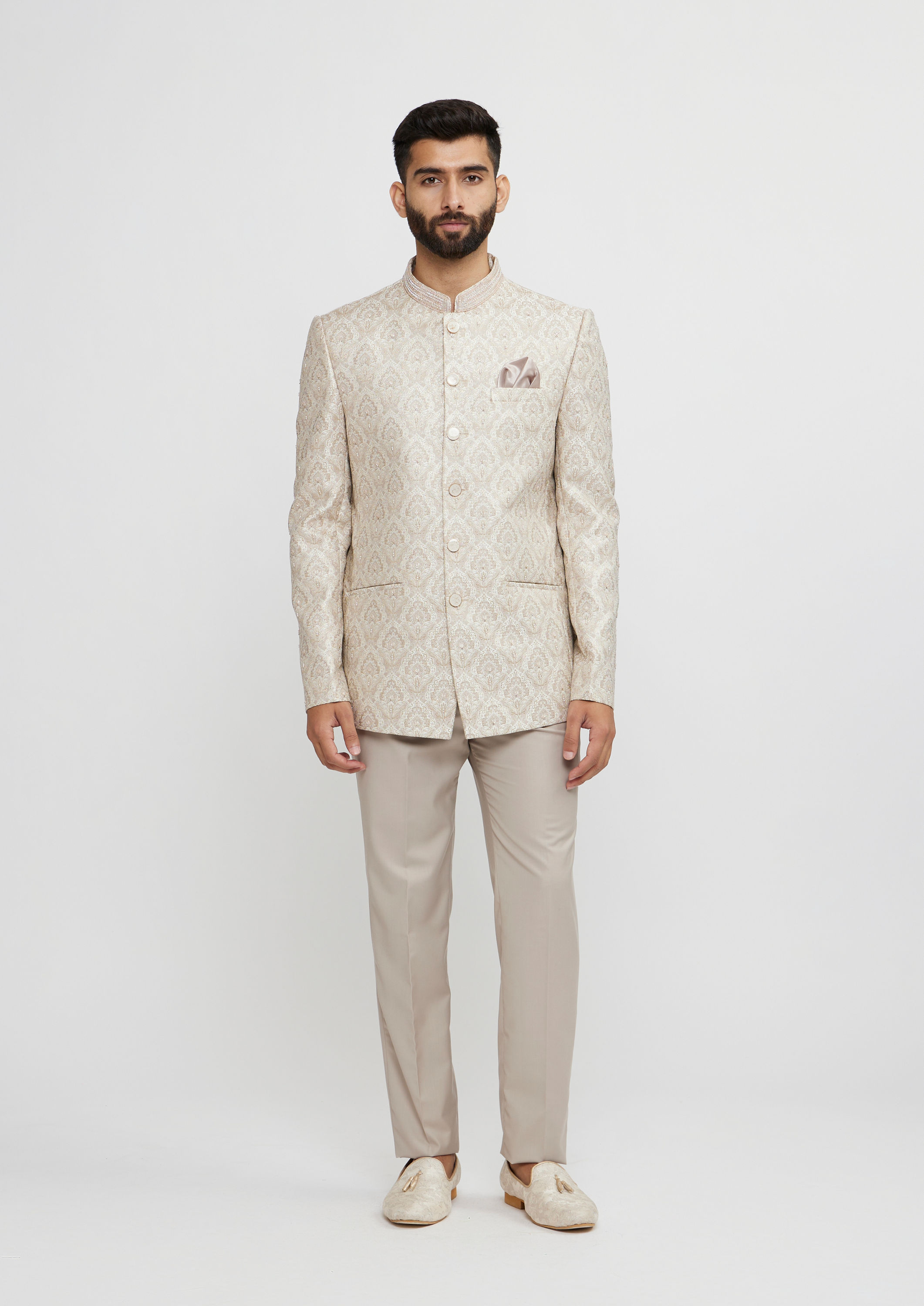 alt message - Twamev Men Beige Brocade Celebration Ensemble Blazer image number 2