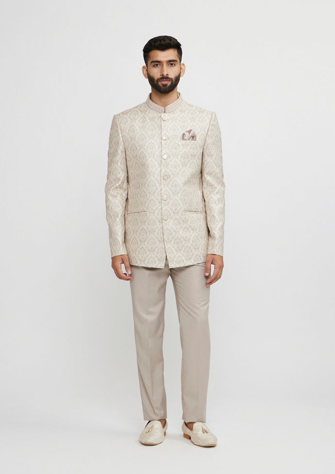 alt message - Twamev Men Beige Brocade Celebration Ensemble Blazer image number 2