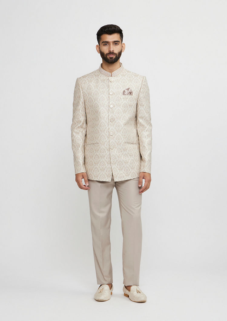 Twamev Men Beige Brocade Celebration Ensemble Blazer