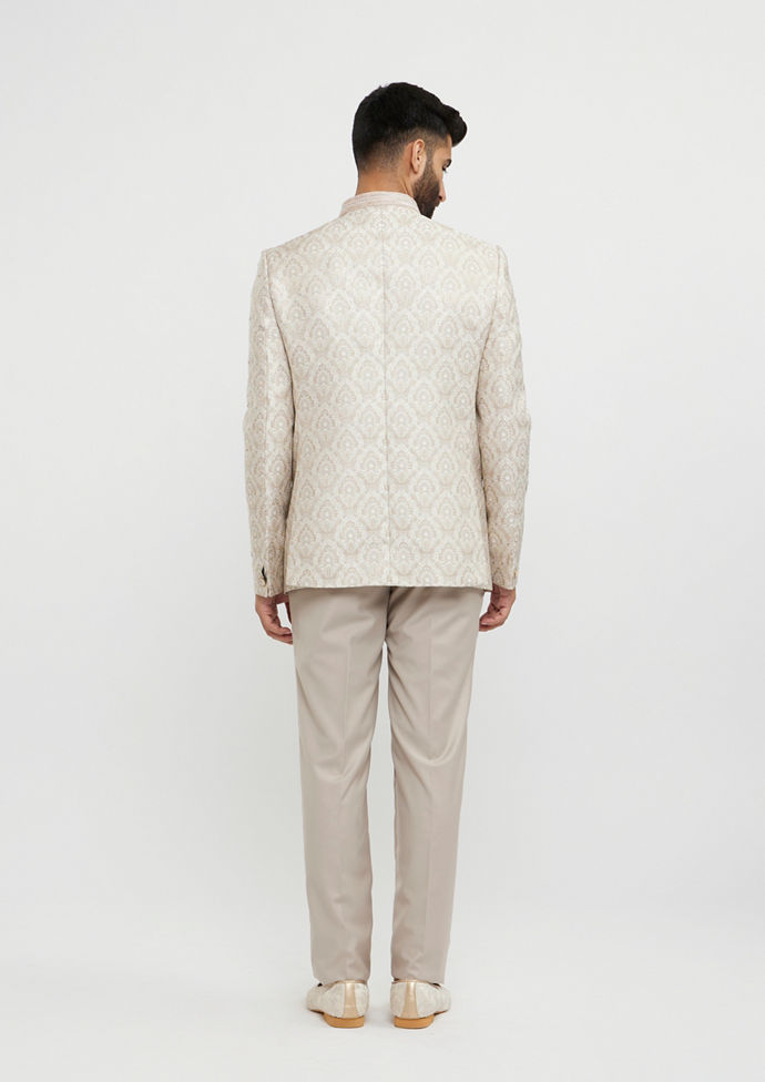 Twamev Men Beige Brocade Celebration Ensemble Blazer