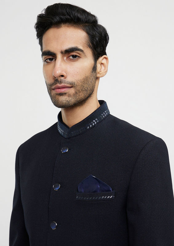 alt message - Twamev Men Elegant Dark Blue Jodhpuri Ensemble image number 1