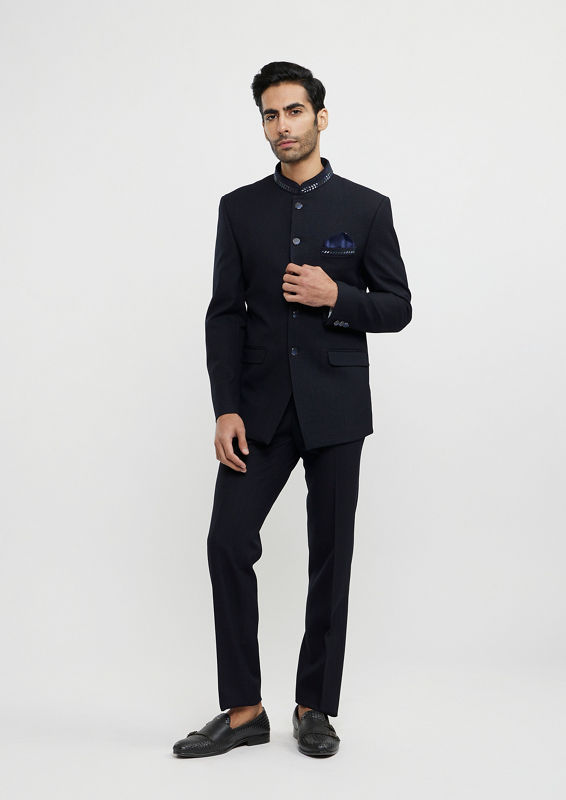 alt message - Twamev Men Elegant Dark Blue Jodhpuri Ensemble image number 2