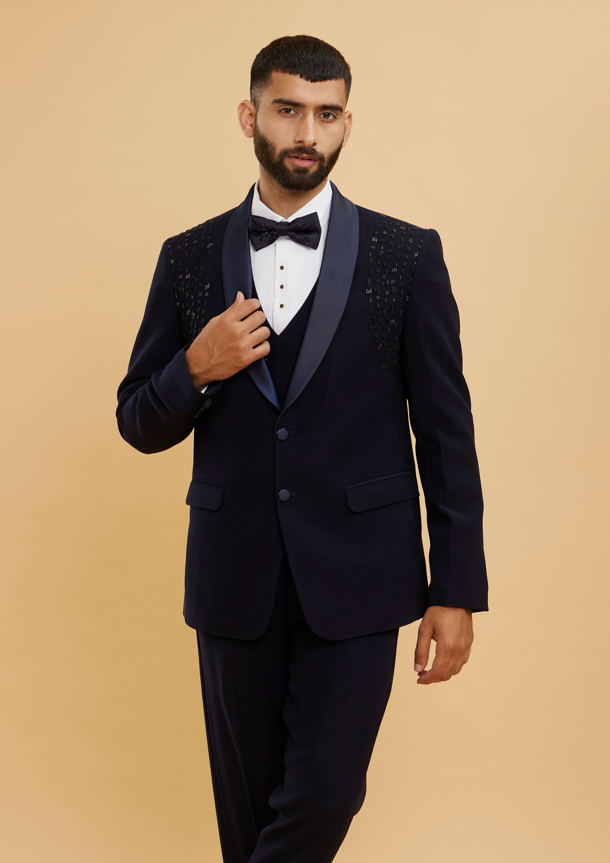 Twamev Men Midnight Blue Embellished Shawl Collared Tuxedo Suit Set