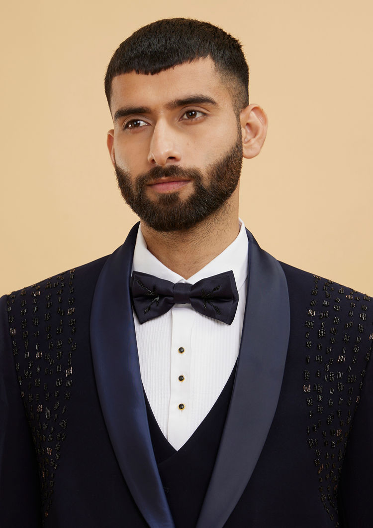 Twamev Men Midnight Blue Embellished Shawl Collared Tuxedo Suit Set