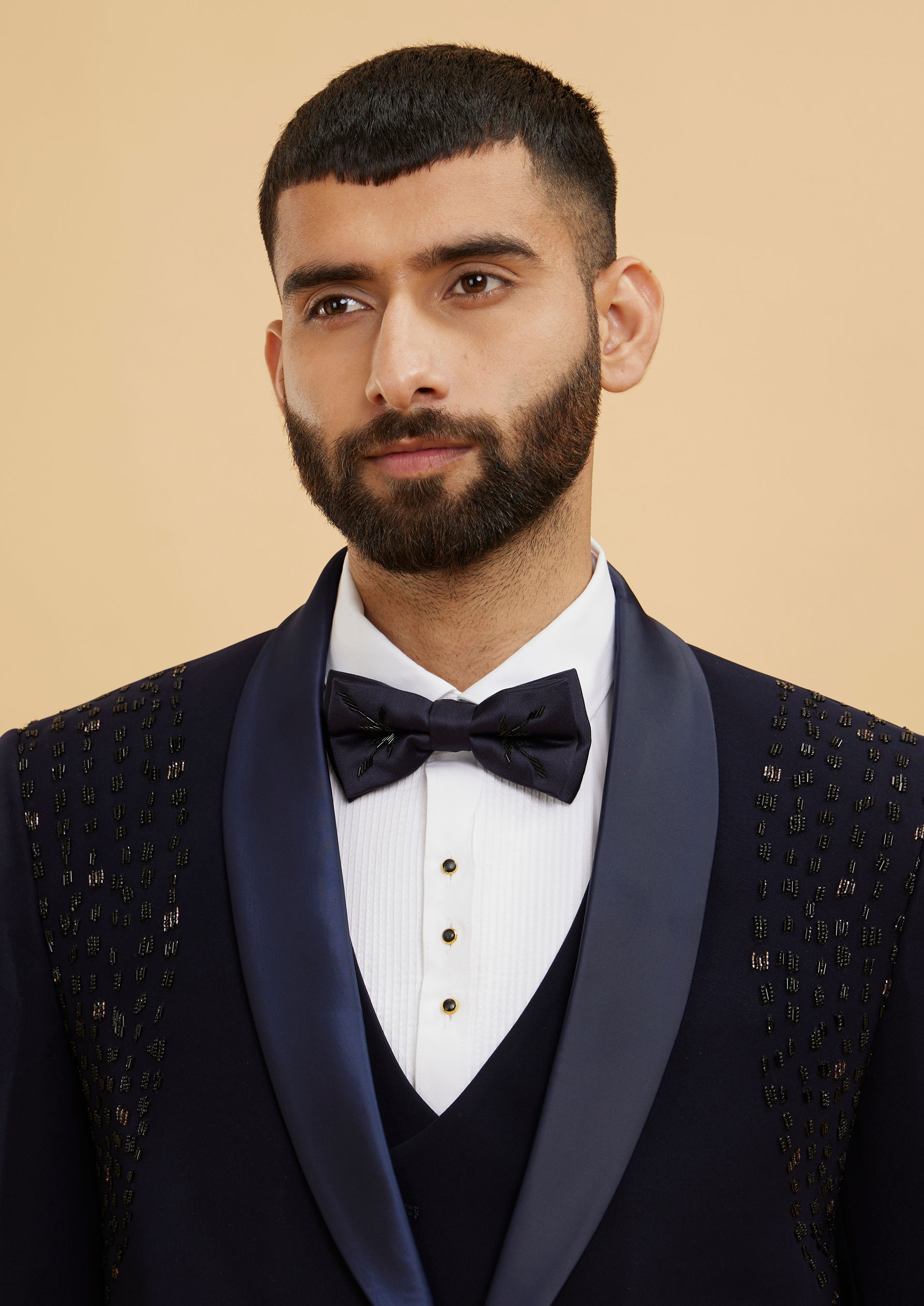 Twamev Men Midnight Blue Embellished Shawl Collared Tuxedo Suit Set