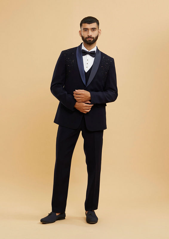 Twamev Men Midnight Blue Embellished Shawl Collared Tuxedo Suit Set