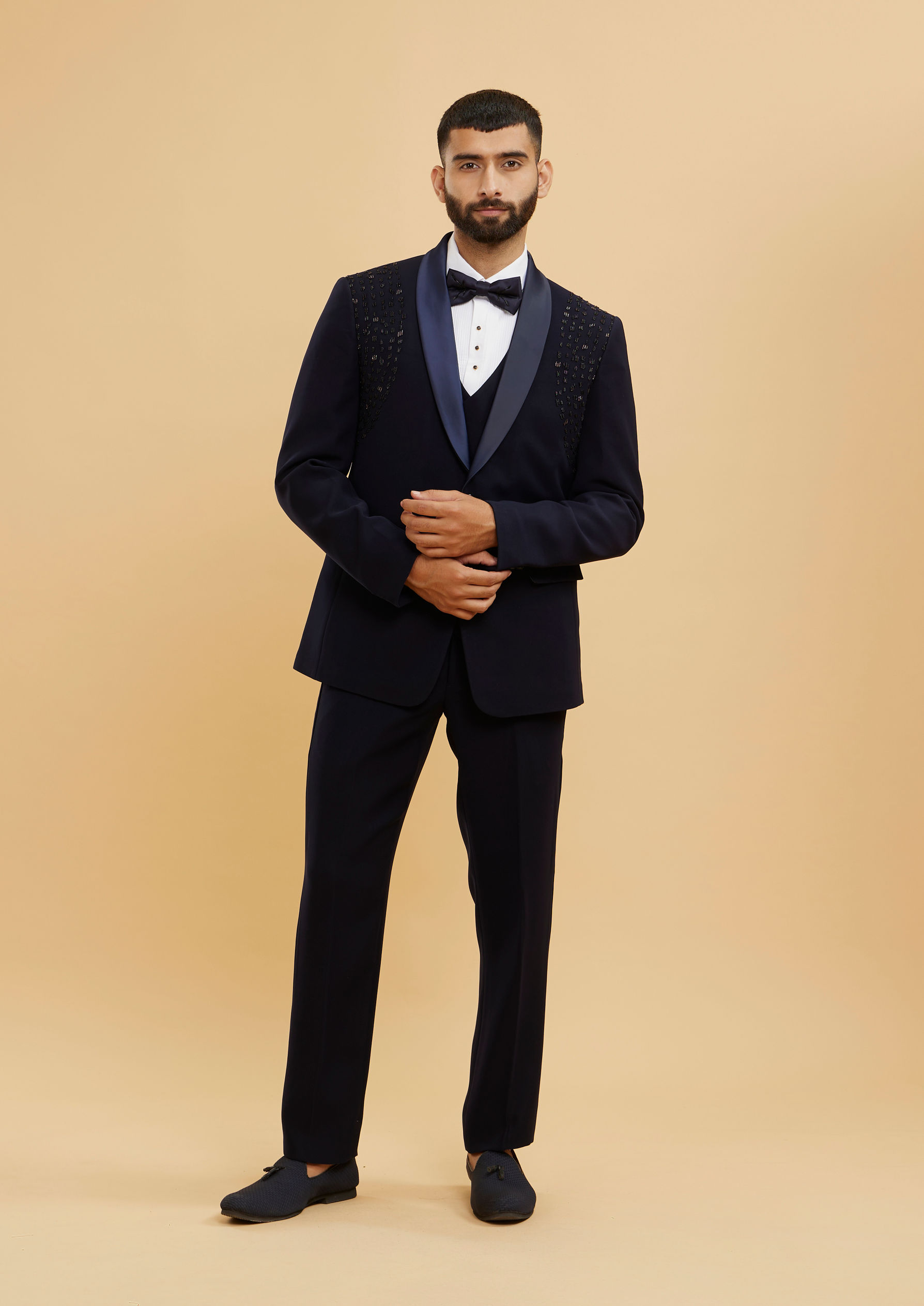 Twamev Men Midnight Blue Embellished Shawl Collared Tuxedo Suit Set