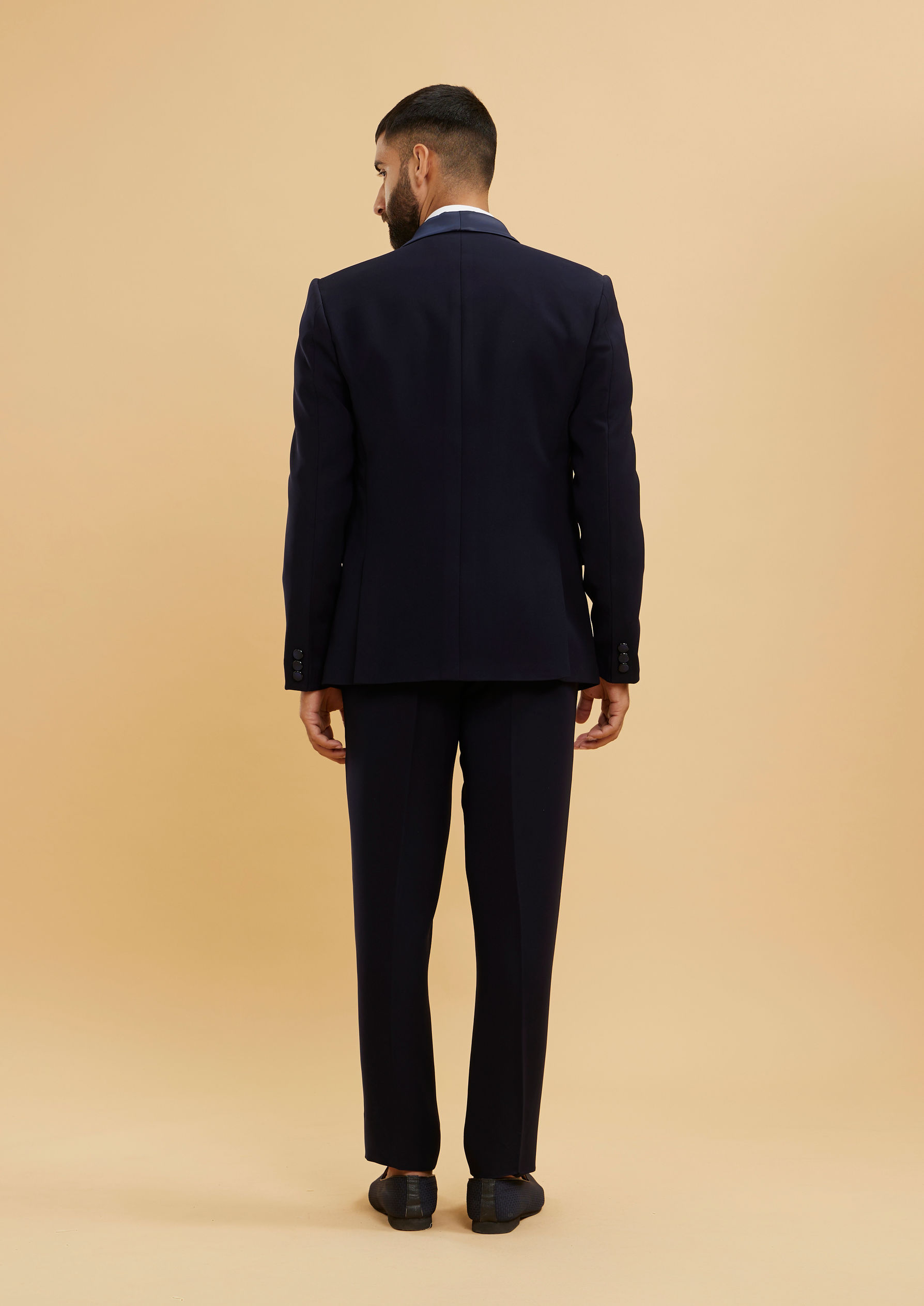 Twamev Men Midnight Blue Embellished Shawl Collared Tuxedo Suit Set
