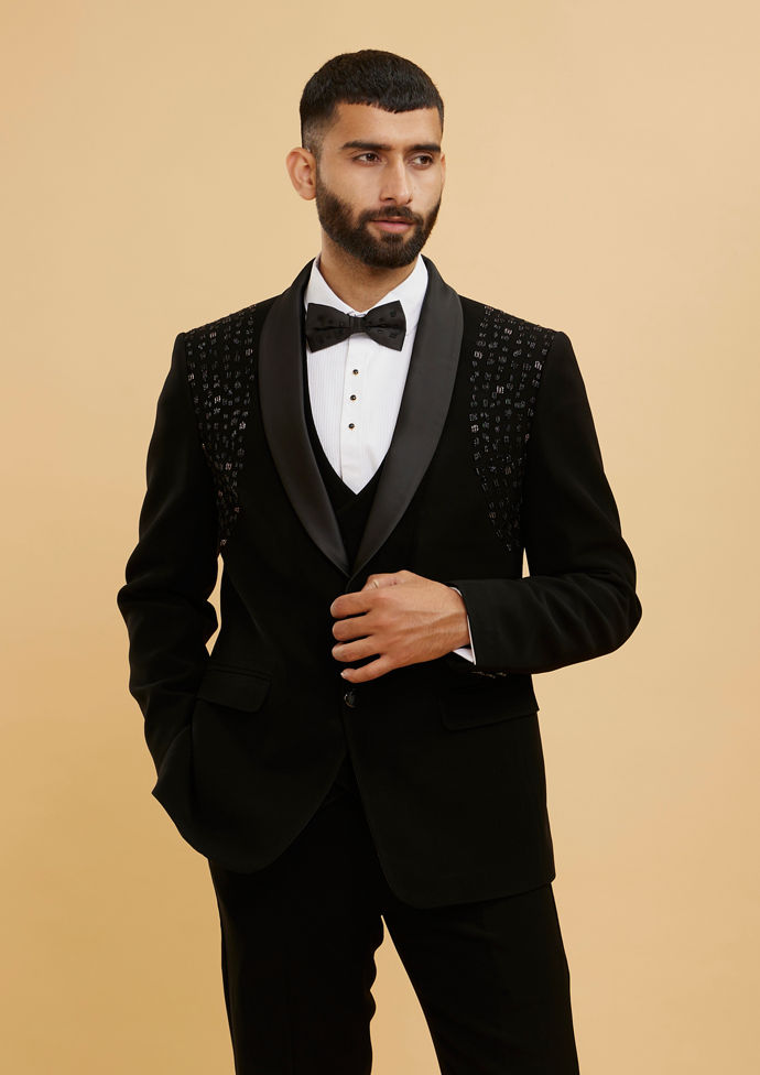 Twamev Men Midnight Black Embellished Shawl Collared Tuxedo Suit Set