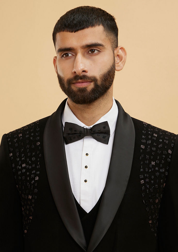 Twamev Men Midnight Black Embellished Shawl Collared Tuxedo Suit Set