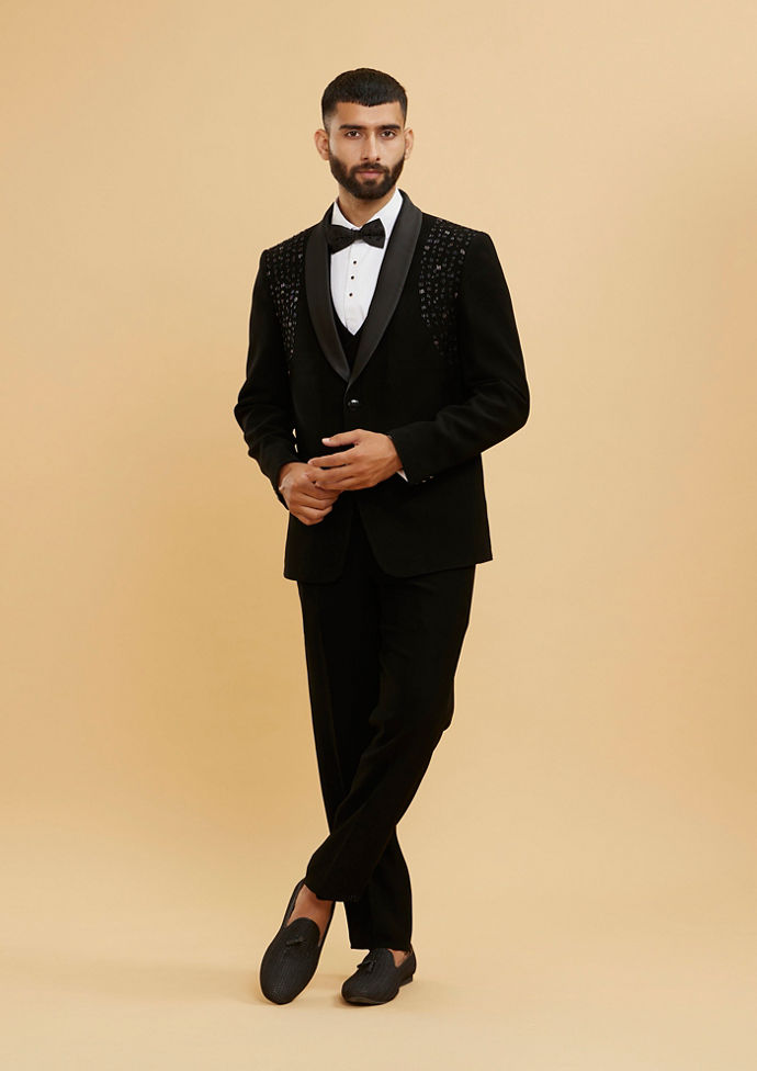 Twamev Men Midnight Black Embellished Shawl Collared Tuxedo Suit Set