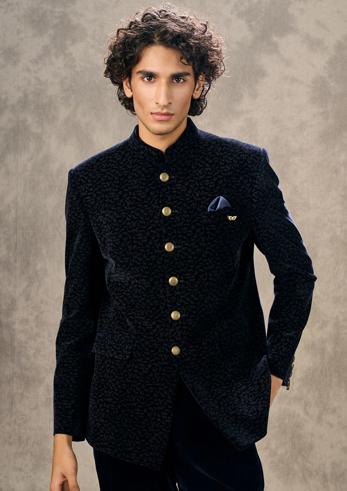 Twamev Men Navy Velvet Textured Jodhpuri Set
