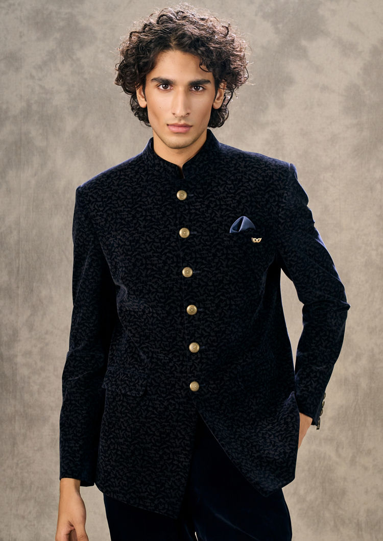 Twamev Men Navy Velvet Textured Jodhpuri Set