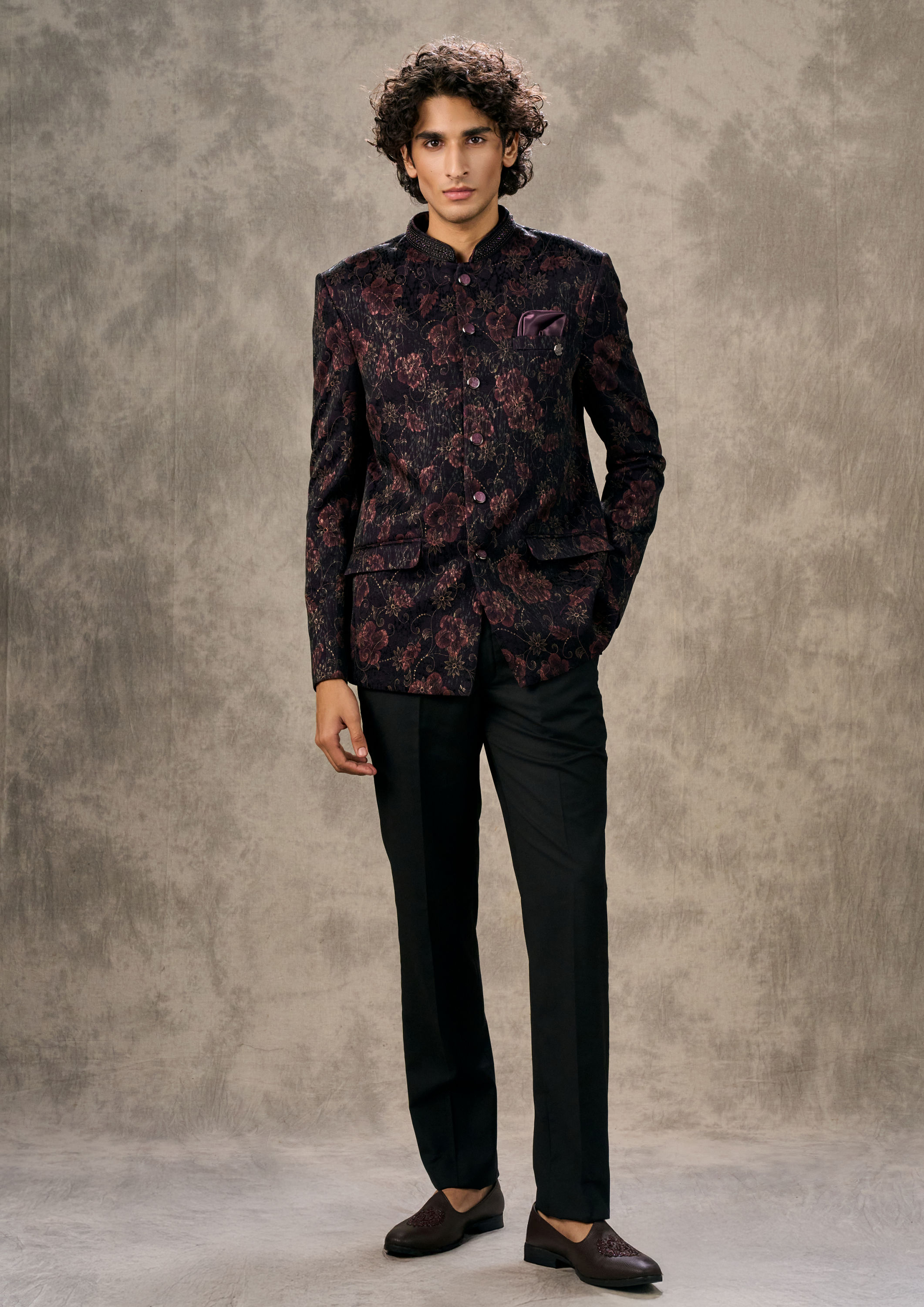 Twamev Men Wine Floral Embroidered Brocade Jodhpuri Set
