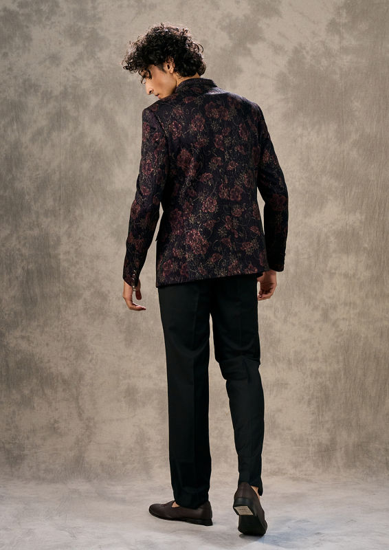 Twamev Men Wine Floral Embroidered Brocade Jodhpuri Set