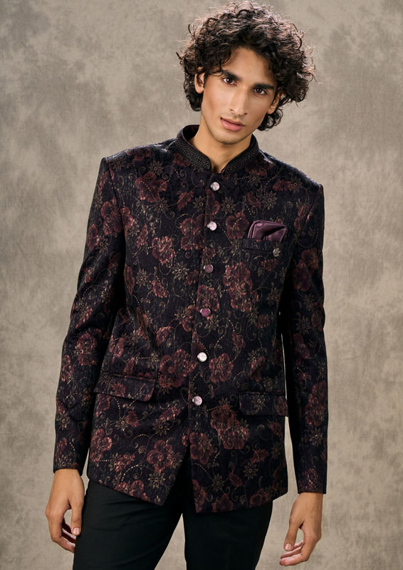 Twamev Men Wine Floral Embroidered Brocade Jodhpuri Set