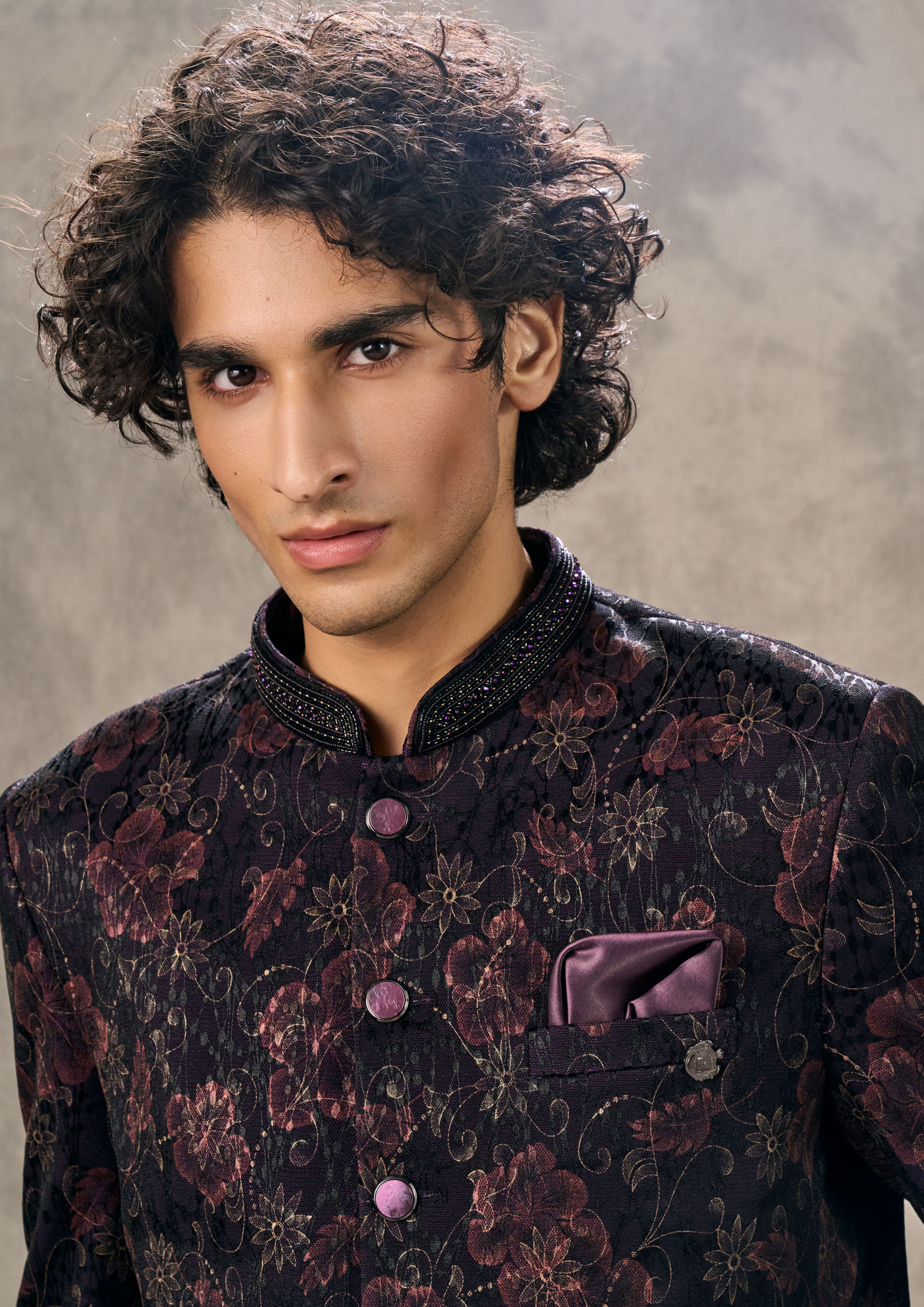 Twamev Men Wine Floral Embroidered Brocade Jodhpuri Set