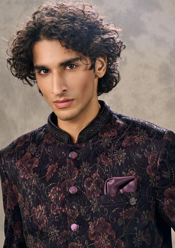 Twamev Men Wine Floral Embroidered Brocade Jodhpuri Set
