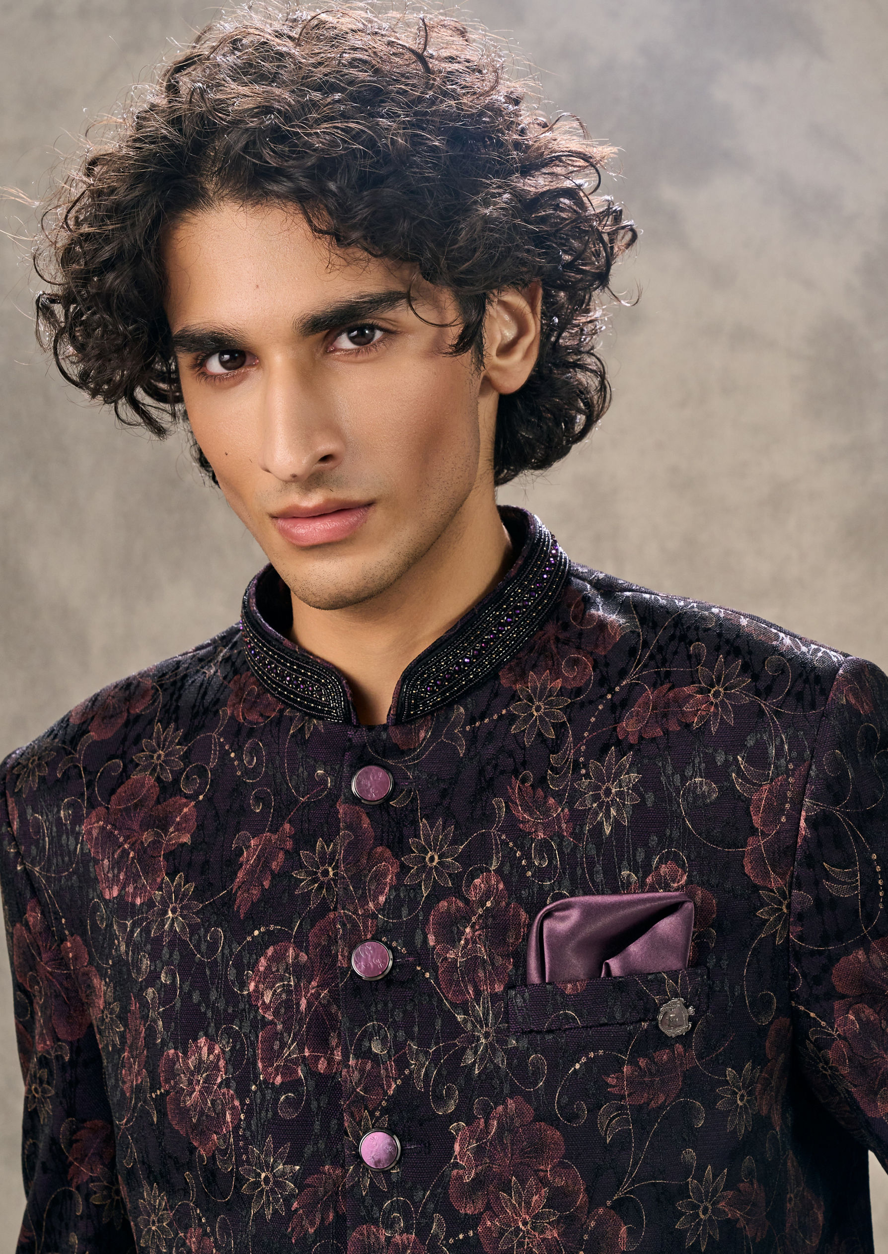 Twamev Men Wine Floral Embroidered Brocade Jodhpuri Set
