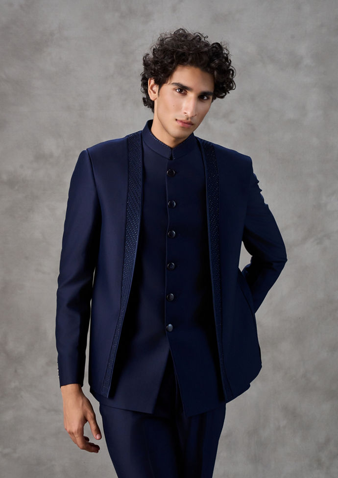 Twamev Men Navy Embellished Bandhgala Jodhpuri Set