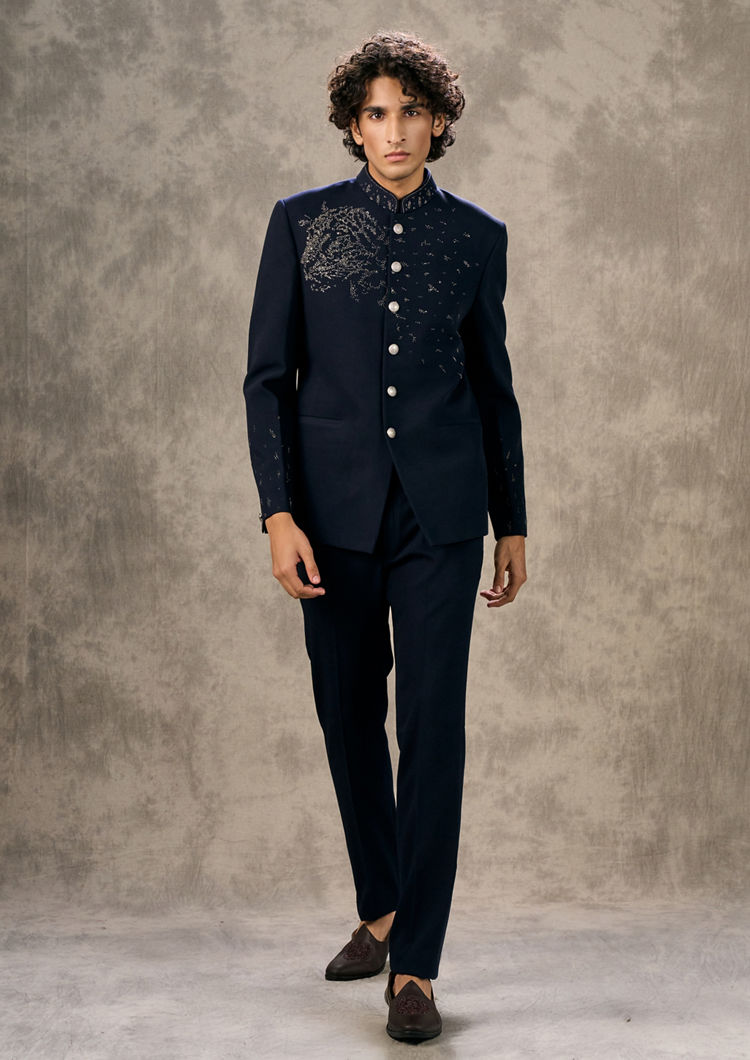 Twamev Men Elegant Dark Blue Jodhpuri Set