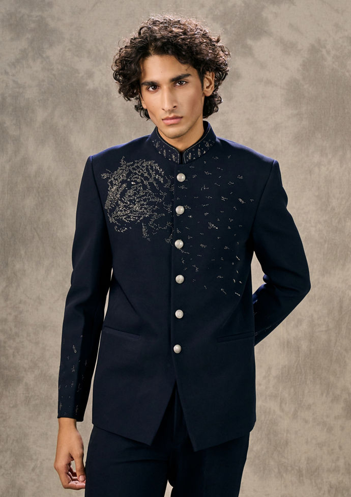 Twamev Men Elegant Dark Blue Jodhpuri Set