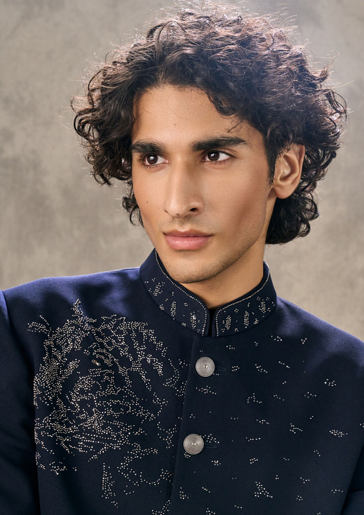 Twamev Men Elegant Dark Blue Jodhpuri Set