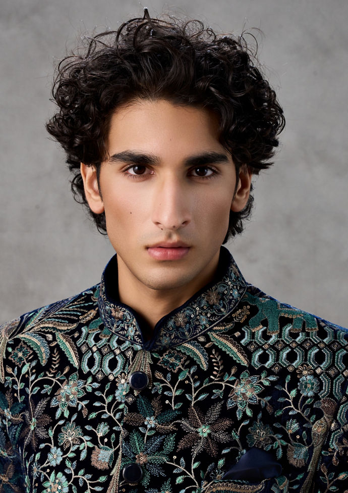 Twamev Men Dark Blue Velvet Jodhpuri Set