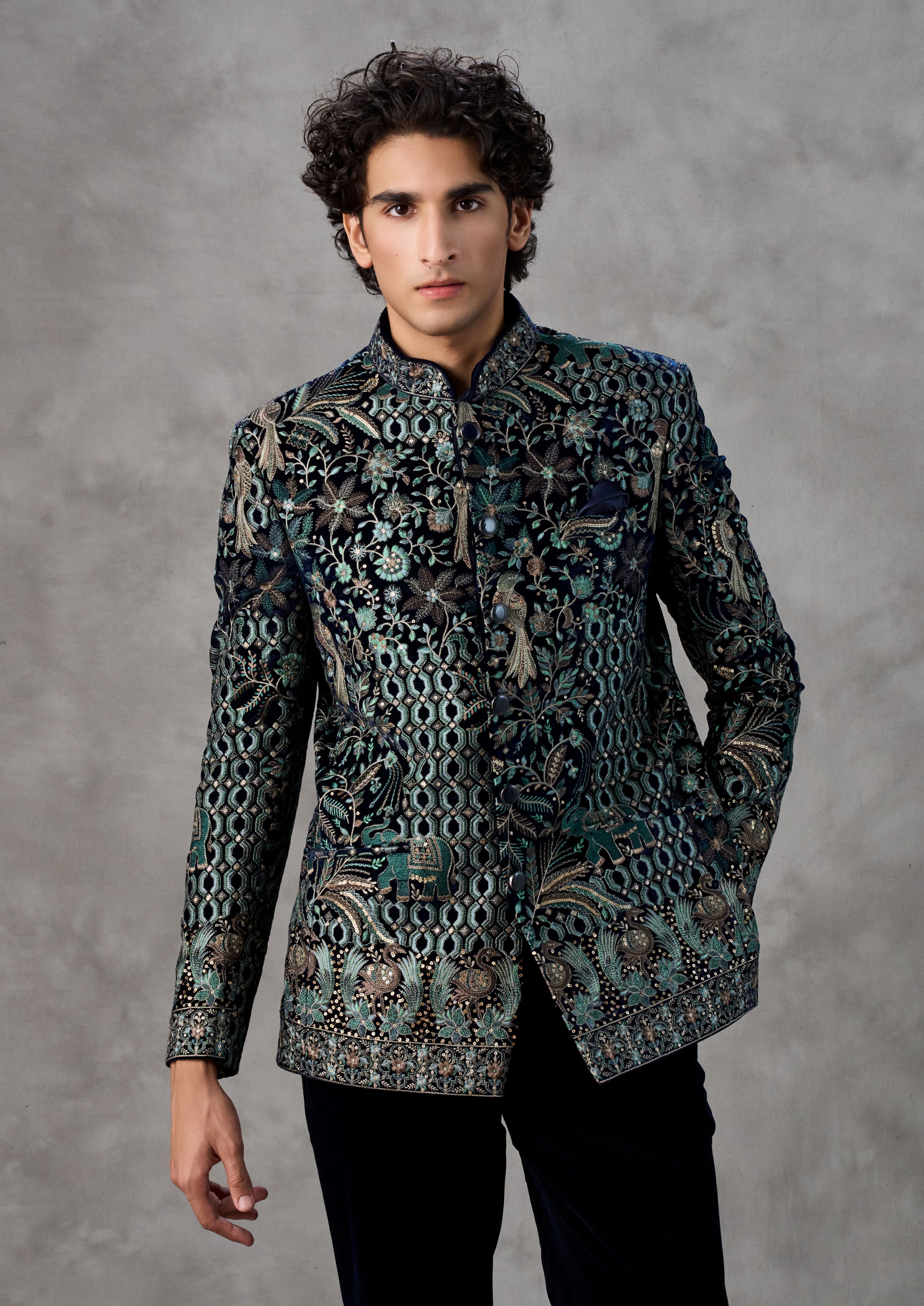 Twamev Men Dark Blue Velvet Jodhpuri Set