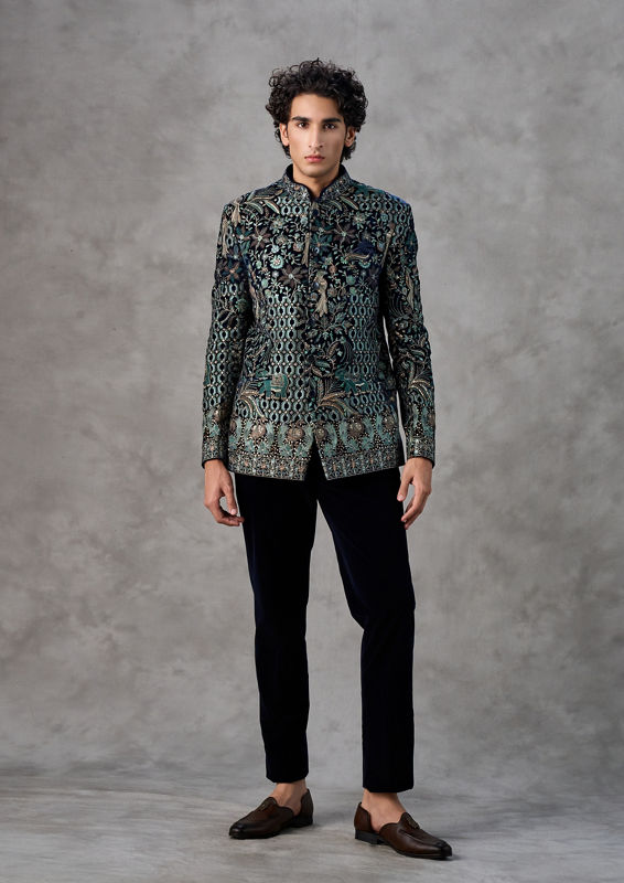 Twamev Men Dark Blue Velvet Jodhpuri Set