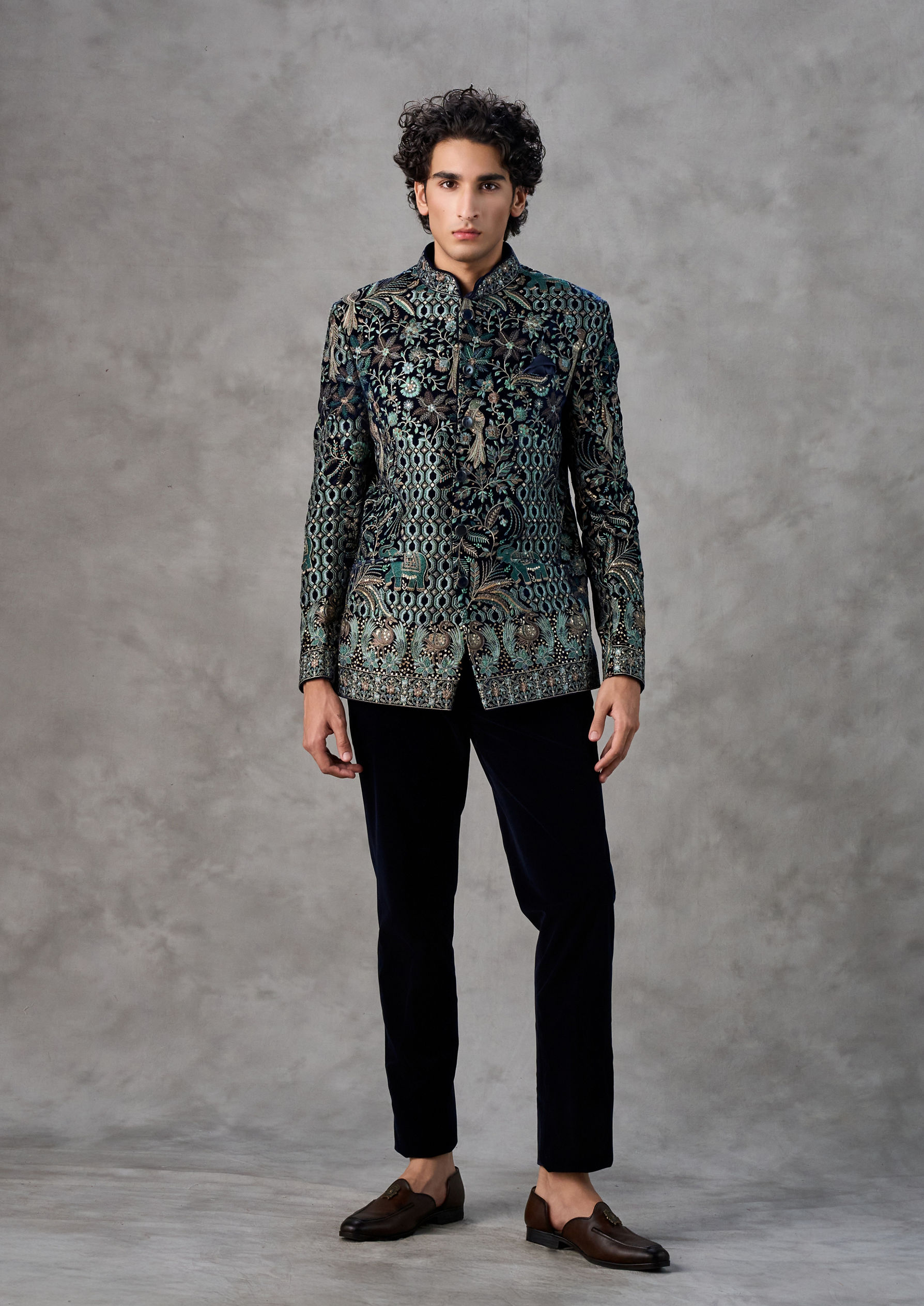 Twamev Men Dark Blue Velvet Jodhpuri Set