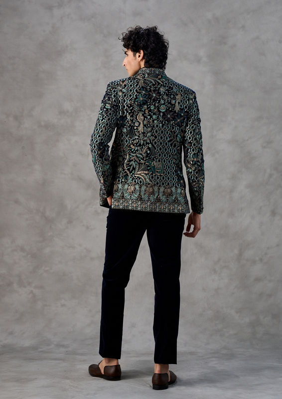 Twamev Men Dark Blue Velvet Jodhpuri Set