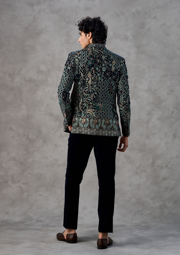 Twamev Men Dark Blue Velvet Jodhpuri Set